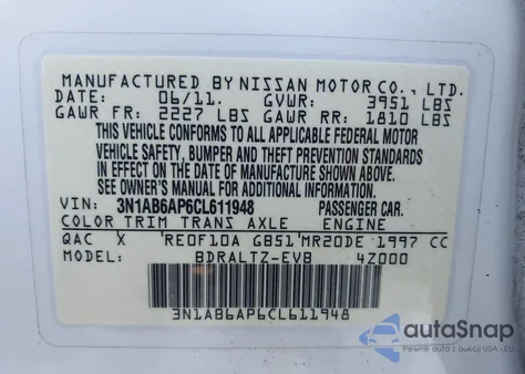 2012 Nissan Sentra 2.0 Sr z USA, uszkodzony, nr VIN 3N1AB6AP6CL611948